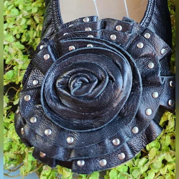 VALENTINO Black Luxe Leather Ornate Silver Studs Rosette Toes Ballet Flats Shoes - Picture 3 of 15